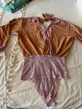 Free People Rust Orange and Dusty Rose Lace Bodysuit